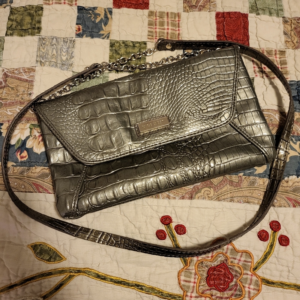Silver Crocodile-Embossed Clutch with Reflective Finish